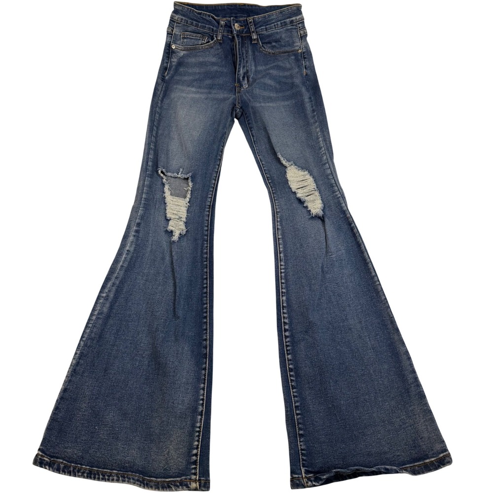 SHEIN Womens Distressed High Rise Flare Jeans Medium Wash Ripped Knee Size 6
